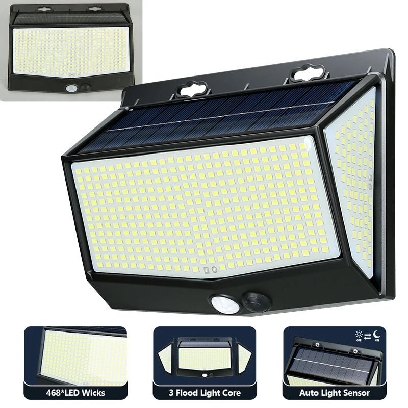 100/468 LED Porch Light Outdoor Waterproof Lamp 3 Mode PIR Solar Wall Light Auto Adjust Brightness Motion Sensor for Garden