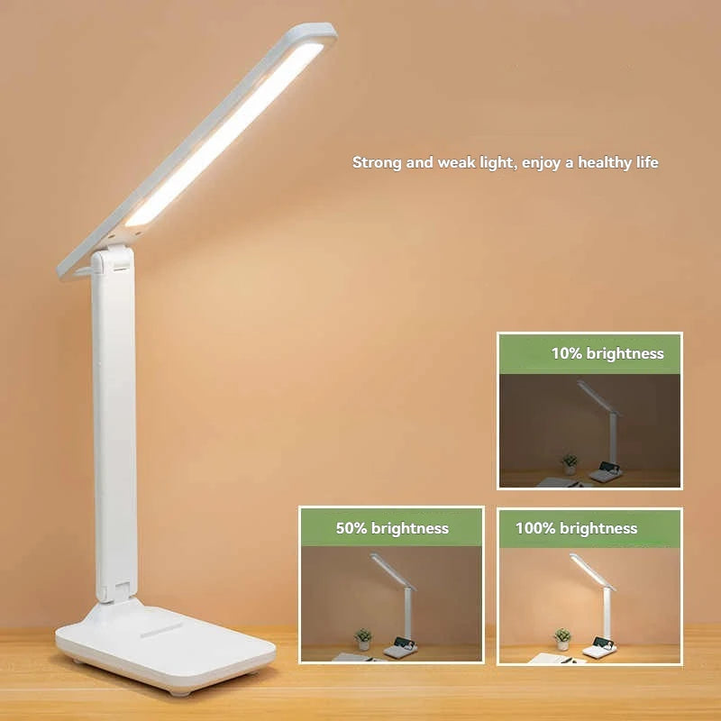 USB Powered Foldable LED Desk Lamp, 3-Level Dimmable Cool White, Fixed Angle Eye-Caring Light for Office Study Reading