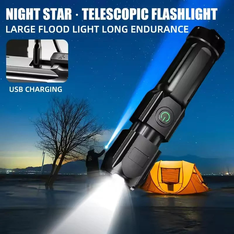Telescopic Zoom Tactical Flashlights Rechargeable LED Torch 4 Lighting Modes Long-Range Waterproof Camping Fishing Flashlight