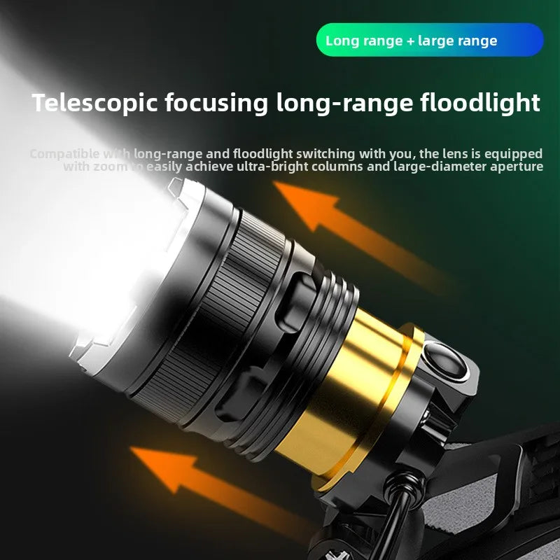 LED ultra strong headlight sensing zoom charging head flashlight high-power headlight 1000M headlight using 2 * 18650 fishing
