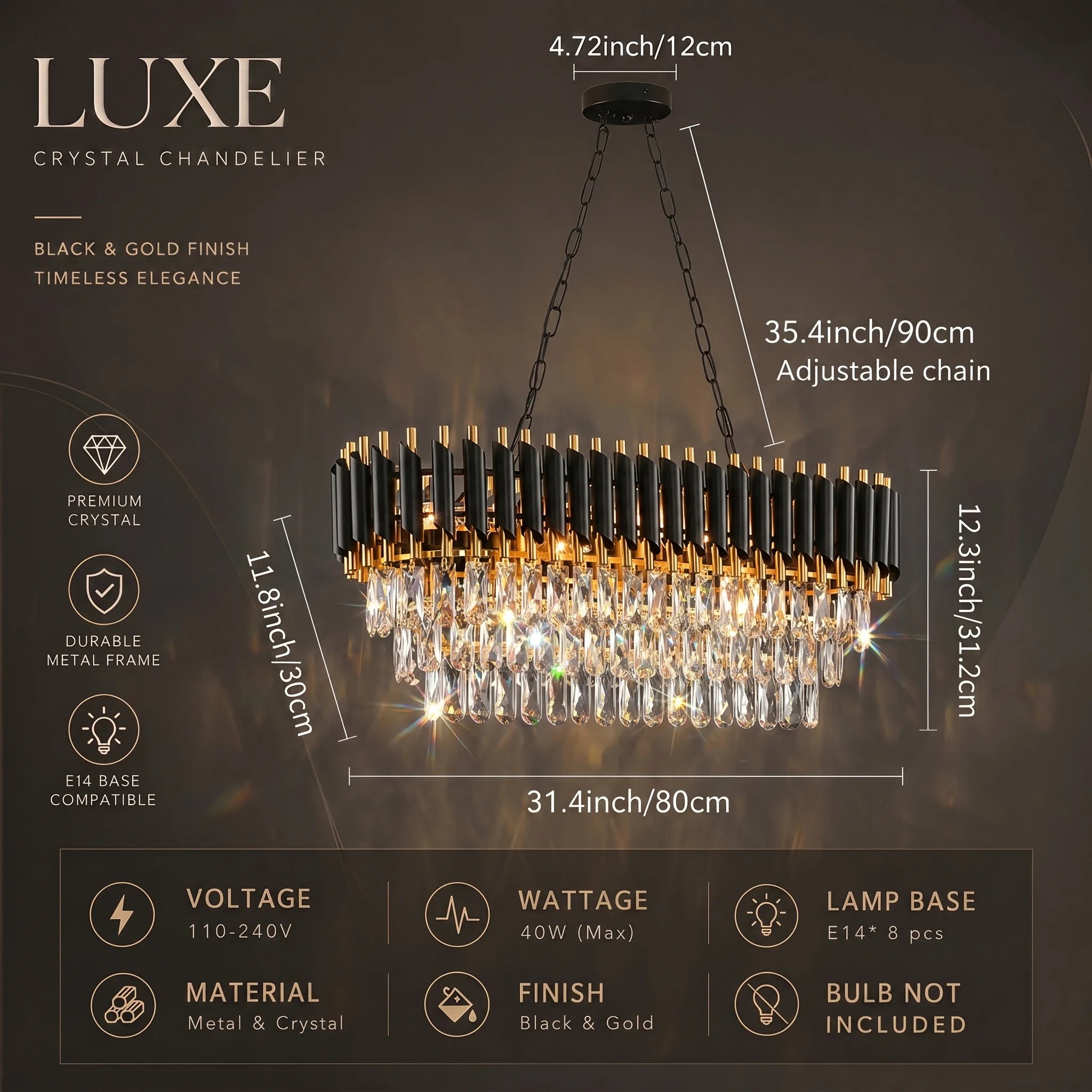 Modern Black & Gold Crystal Chandelier, 3-Tier K9 Oval Crystal Chandelier for Kitchen Island/Living Room/Bedroom/Dining Room