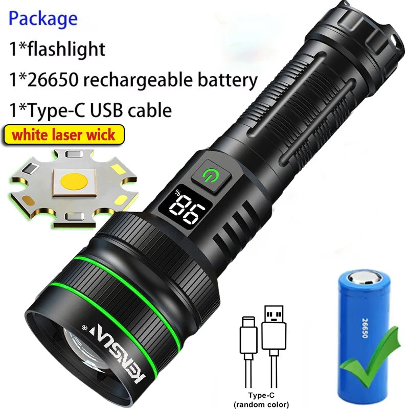 KENSUN Powerful Telephoto LED Flashlight with Variable Zoom Camping Torch Outdoor High-Power Tactical Light 26650 Battery