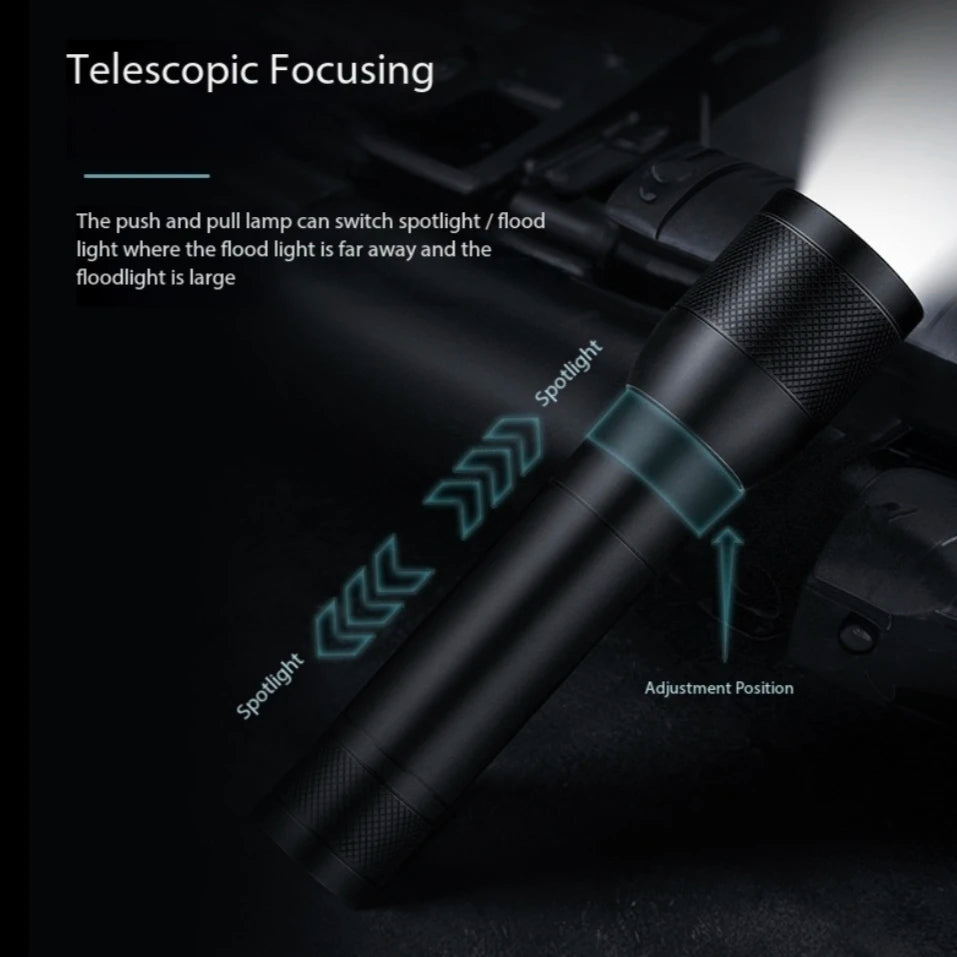 Super bright LED aluminum alloy flashlight Rechargeable torch Outdoor searchlight Portable camping light With telescopic zoom