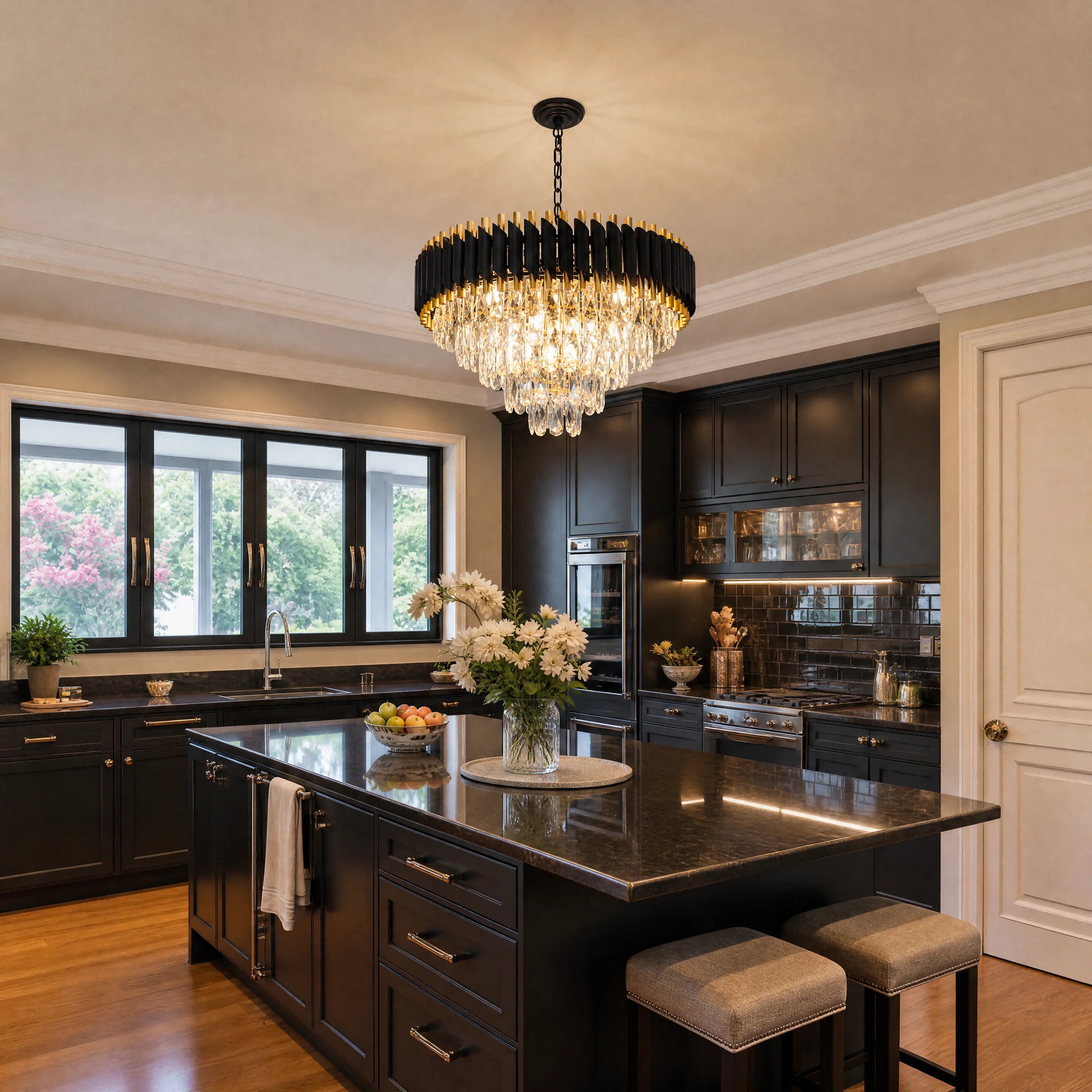 Modern Black & Gold Crystal Chandelier, Dimmable 5-Tier Round K9 Crystal Chandelier for Kitchen Island/Living Room/Bedroom