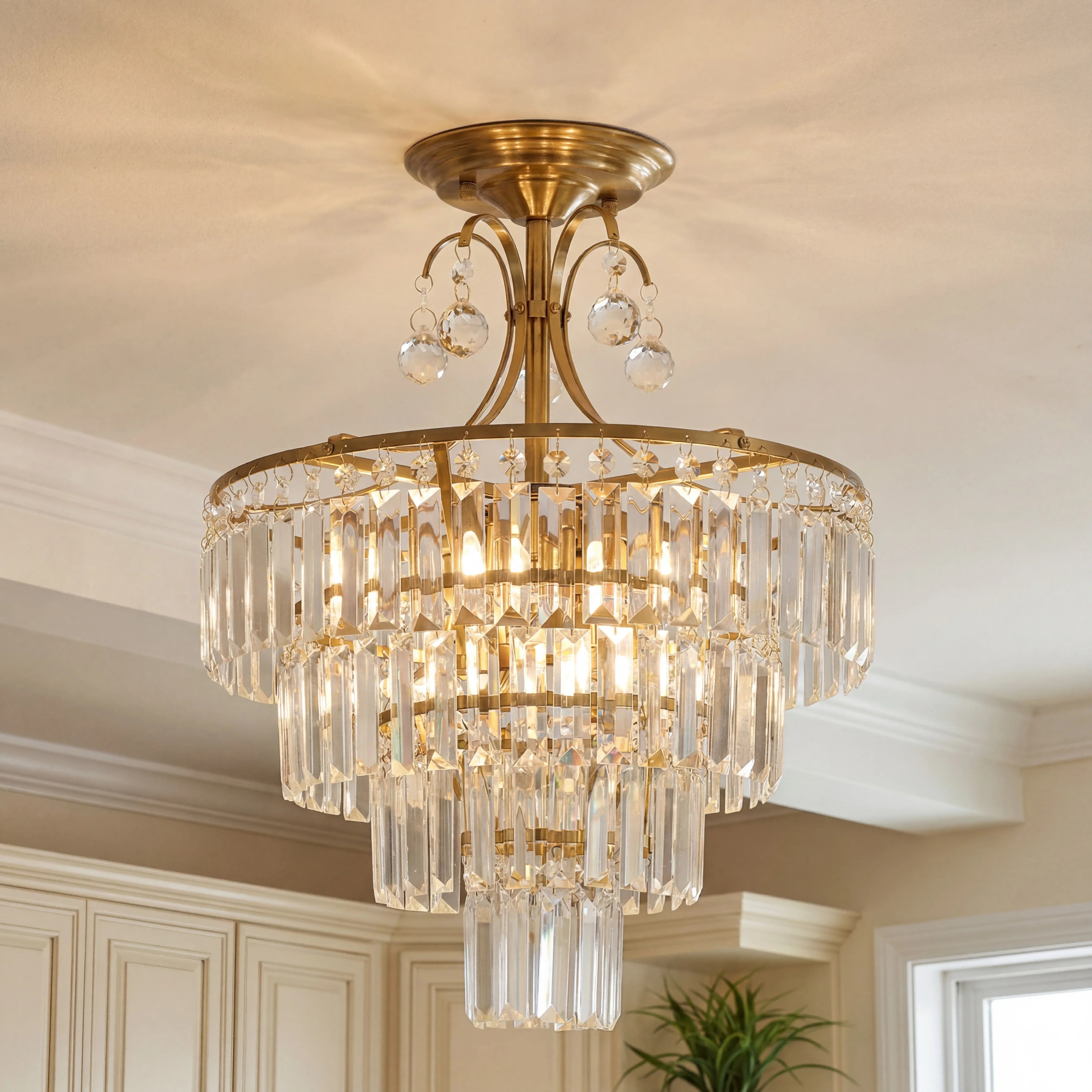 Luxury Gold Crystal Ceiling Light, Round Dimmable Semi-Flush Mount Modern Crystal Ceiling Light for Dining Room/Bedroom/Hallway