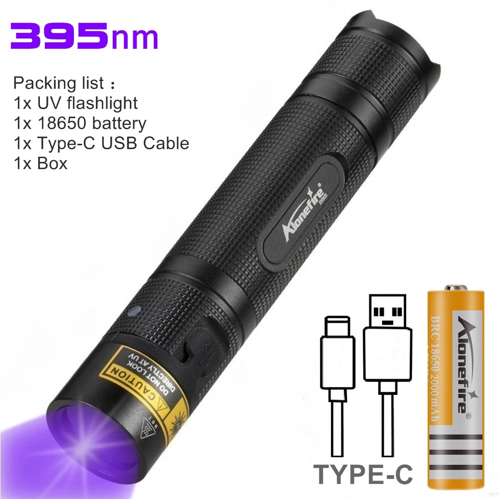 10W UV 395/400nm Led Flashlight USB Rechargeable High Power Glass Resin Curing Pet Stains Marker Scorpion Money Checker Light