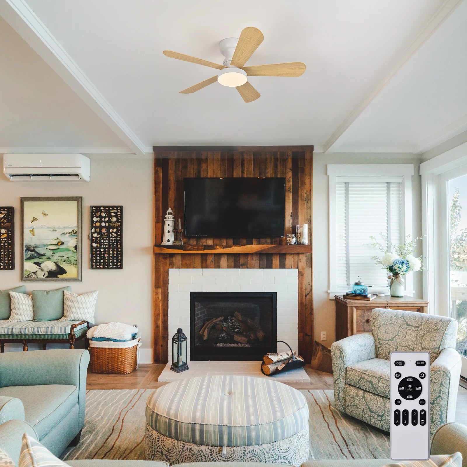 Indoor/Outdoor Flush Mount Ceiling Fan with Remote Control - 5 Blade Low Profile Fandelier - Reversible Quiet Timer