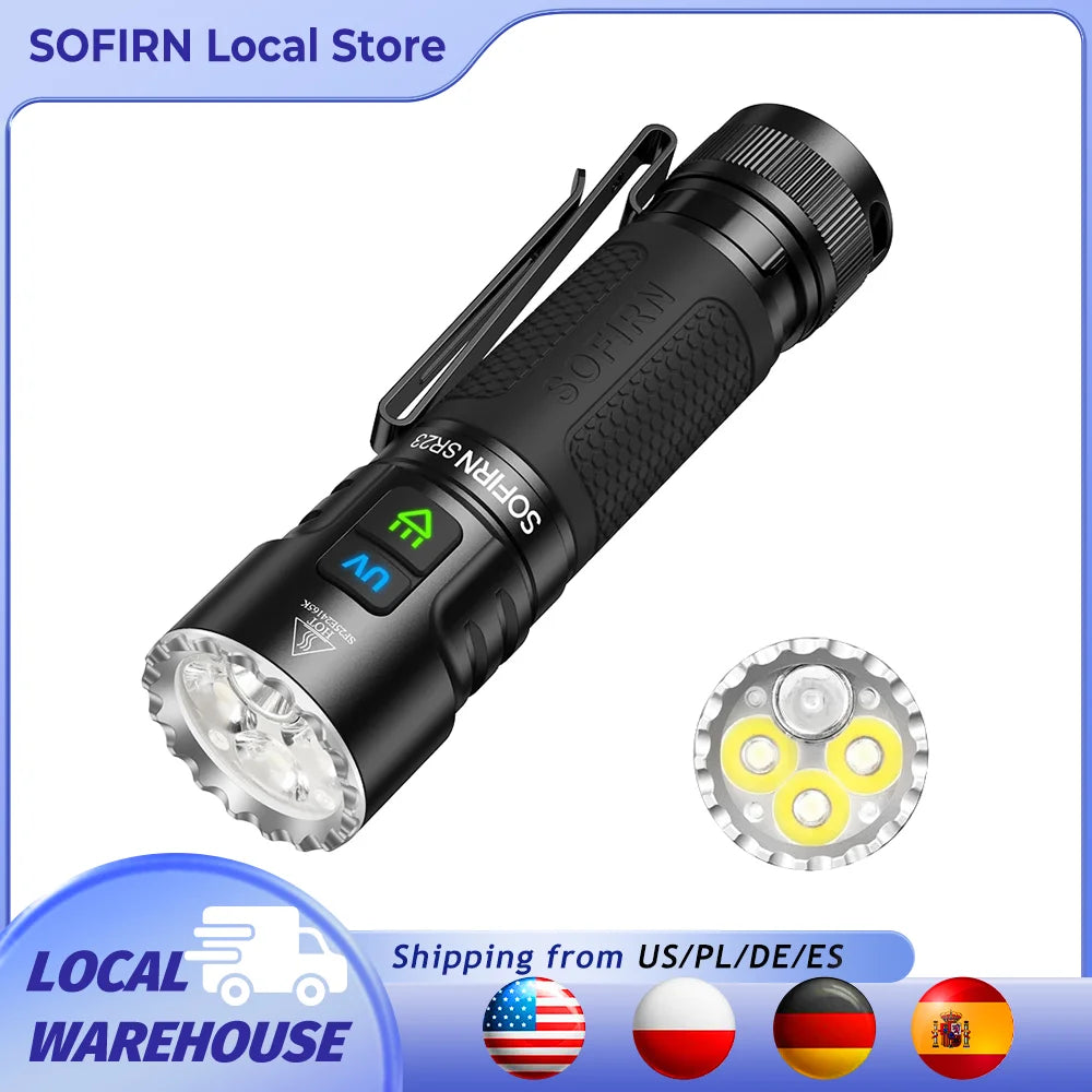 SOFIRN SR23 3300LM 6500K Flashlight UV 365nm EDC Light 21700 USB C Rechargeable Dual Switch Torch with Magnetic Tailcap
