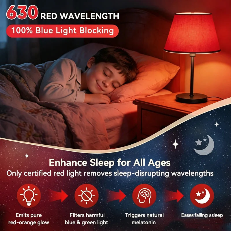 630nm Red Light Bulb for Sleep 7W E27 100% Blue Light Blocking Promotes Melatonin Production Ideal for Bedroom Sleep