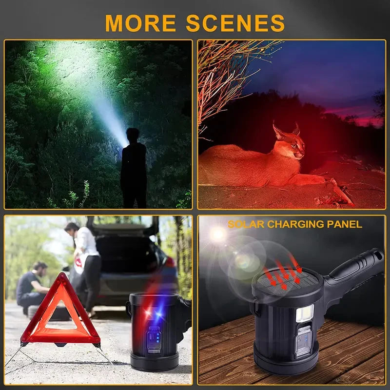 900000LM Rechargeable Led Spotlight Waterproof Handheld Large Flashlight Most Powerful Outdoor Solar Spotlights Searchlight