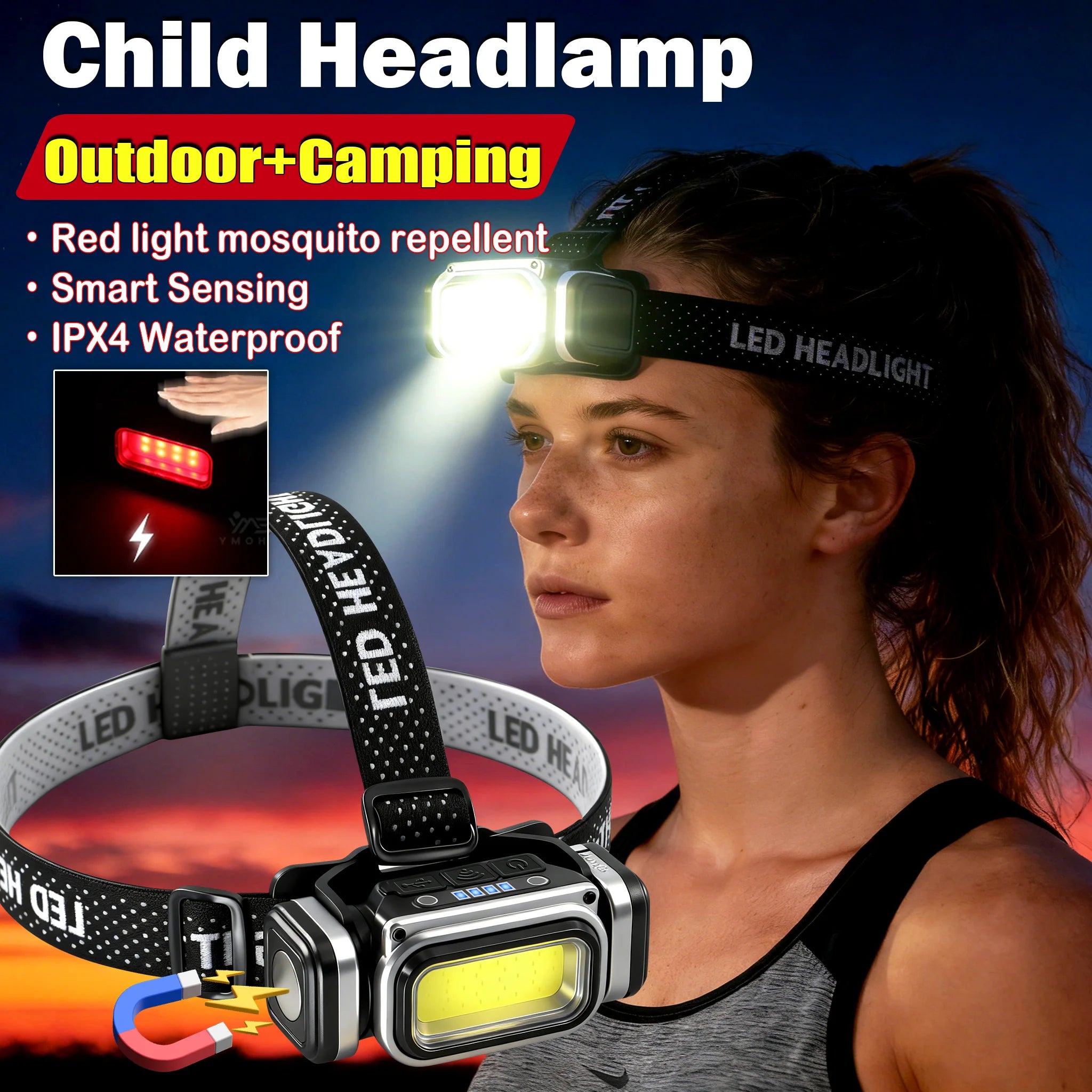 Super Bright Headlamp Motion Sensor Headlight 18650 EDC Head Led Lights Rechargeable Torch Red Light for Camping Running Fishing