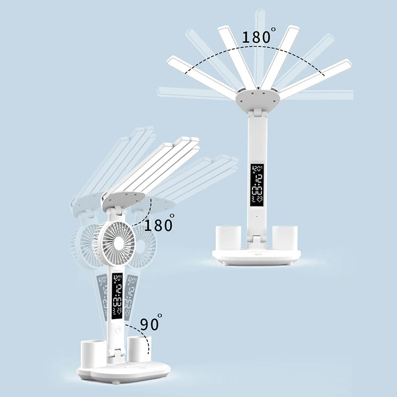 LED Rechargeable Table Lamp for Study, Desk Lamp Reading Light Led Table Light with Fan, Led Clock Dispaly Reading Lamp