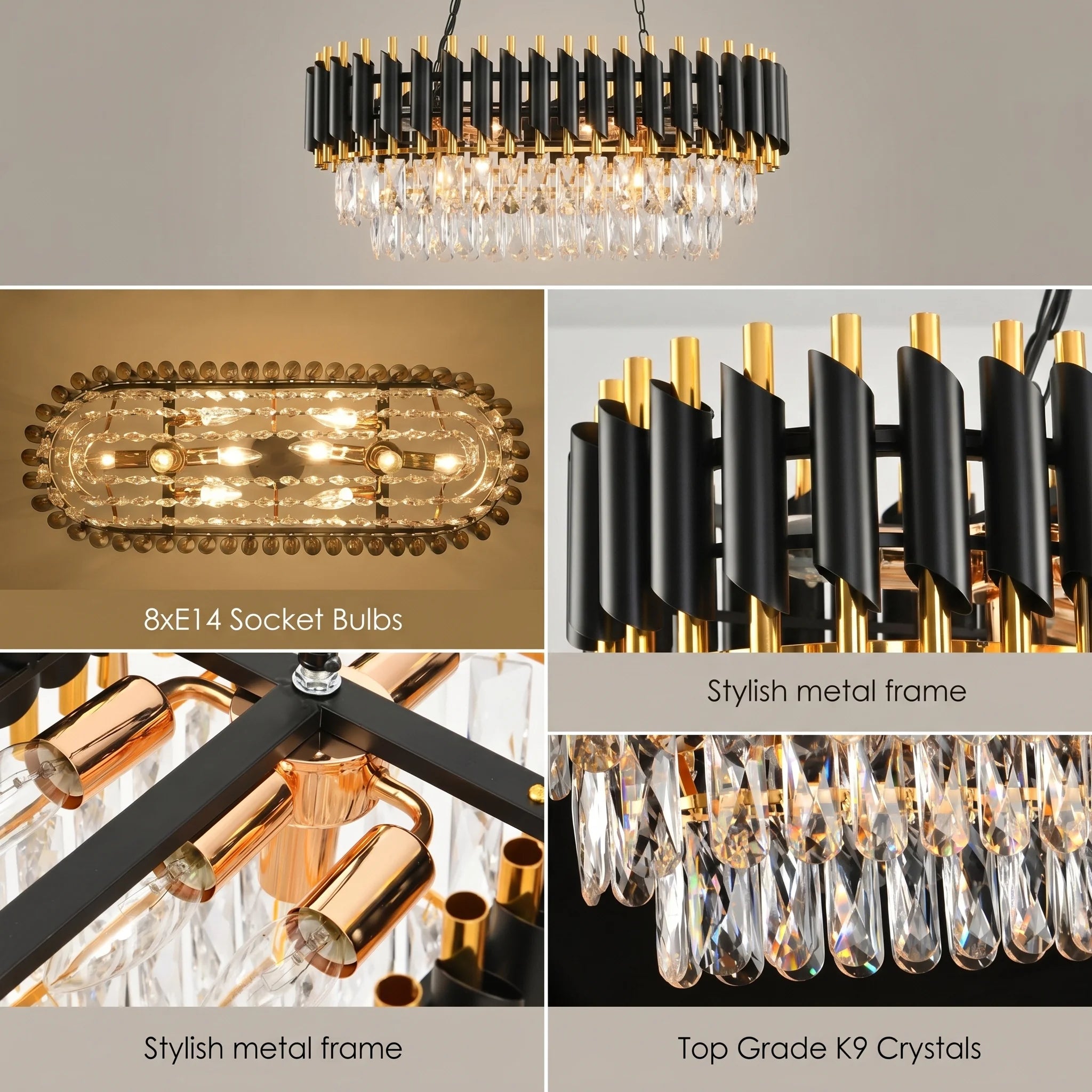 Modern Black & Gold Crystal Chandelier, 3-Tier K9 Oval Crystal Chandelier for Kitchen Island/Living Room/Bedroom/Dining Room