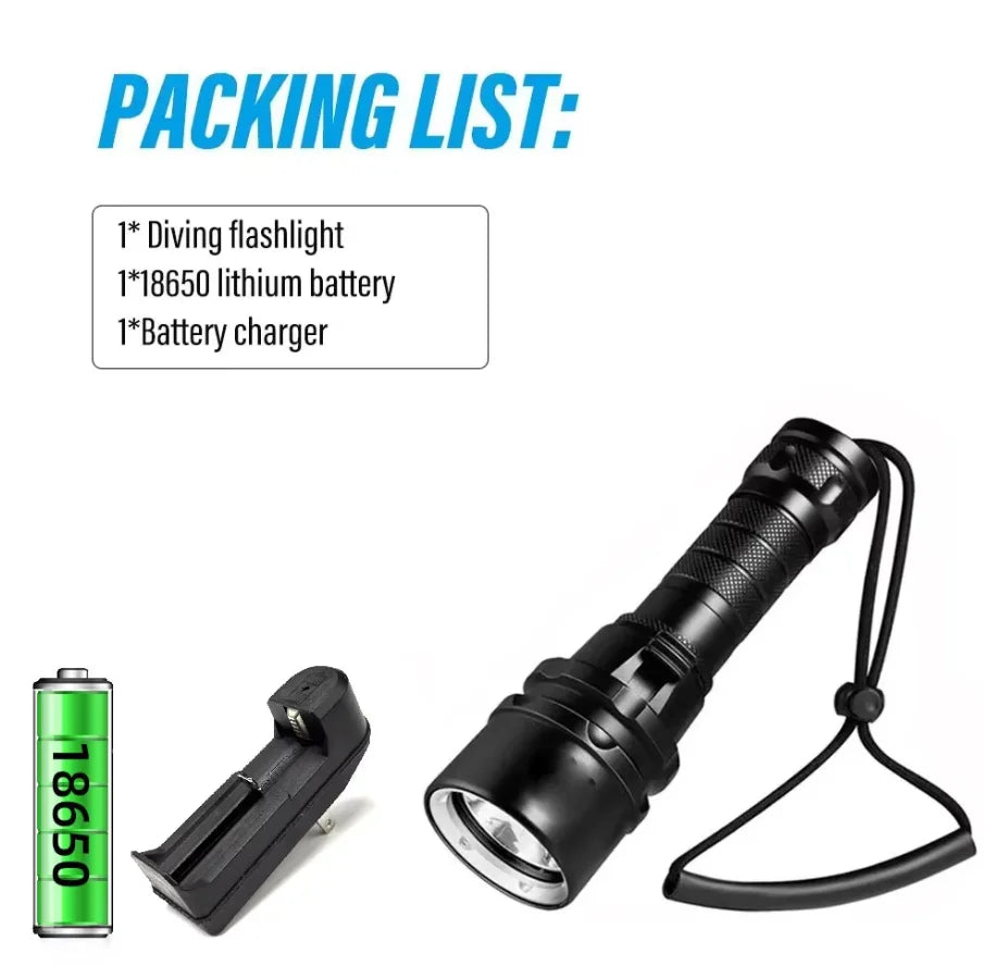 High Power Diving Flashlight IP68 Highest Waterproof Rating Professional Diving Light Powered by 18650 Battery With Hand Rope