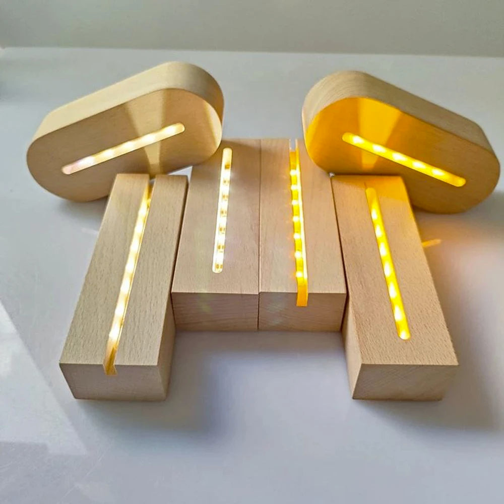 5.9 Inch Wood Base Led Light Display Stand AAA Battery Powered for Custom Acrylic Night Lamp Resin Glass Art DIY