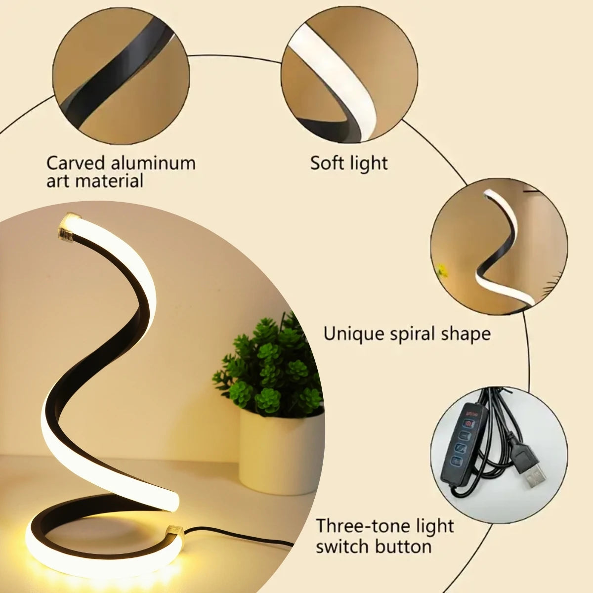 LED Spiral Desk Lamp Modern Three Color Dimming USB Power Button Switch Bedroom Bedside Study Home Decoration Desk Lamp