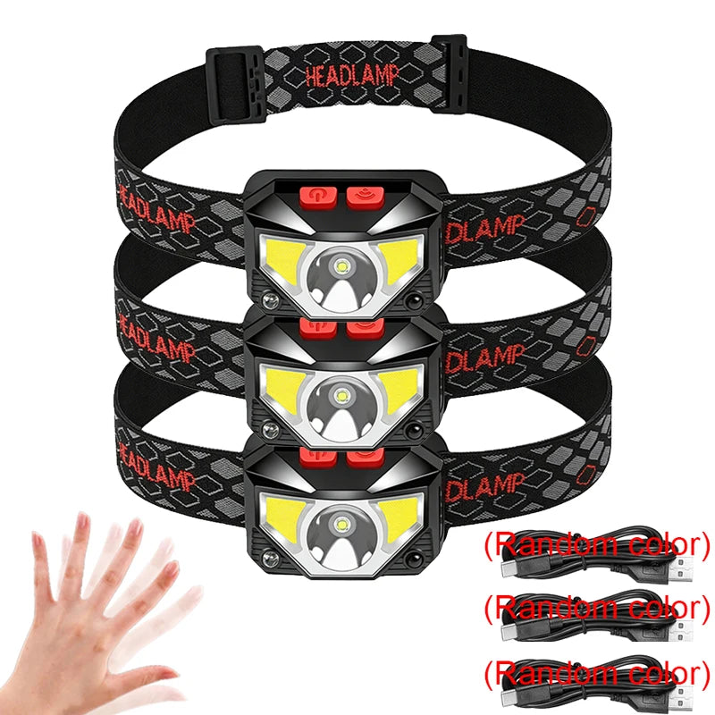 1-3PCS Rechargeable LED Headlamp Sensor Headlight With COB and LED Beads 8 Lighting Modes White and Red Light Fishing Light