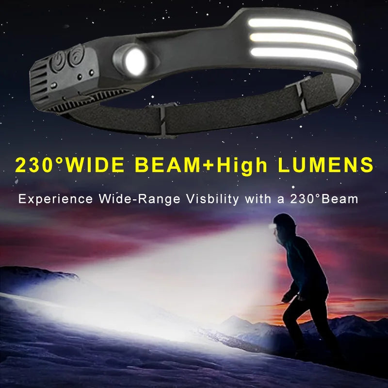 COB LED Sensor Head Lamp Induction Headlamp Built-in Battery Flashlight USB Rechargeable Head Torch 5 Lighting Modes Headlight