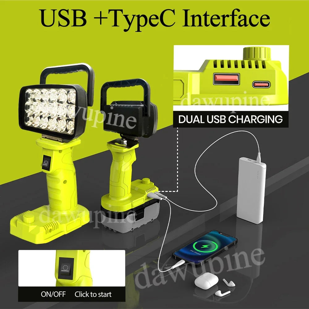 For Ryobi 18V Lithium Battery P107 P108 18 Beads LED Working Lights Portable Lanterns Camping Lamp Torch  Flashlights Spotlights