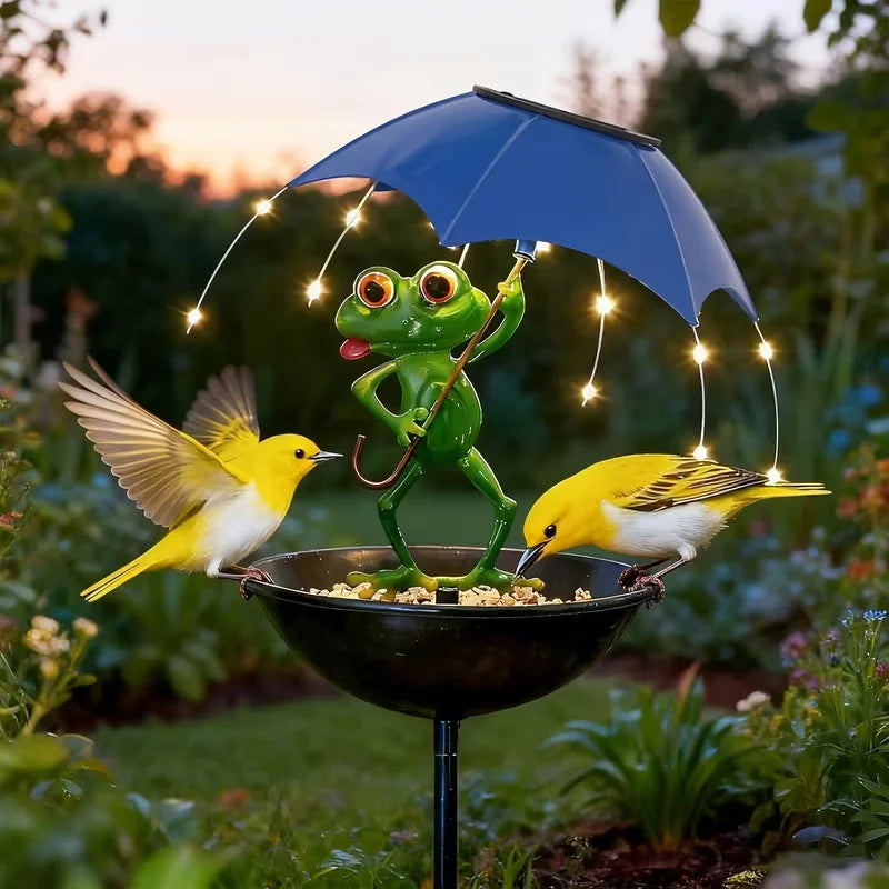 Solar Powered Frog Garden Lamp with LED String Lights Automatic Outdoor Bird Feeder and Hummingbird Feeding Trough for Yard Lawn
