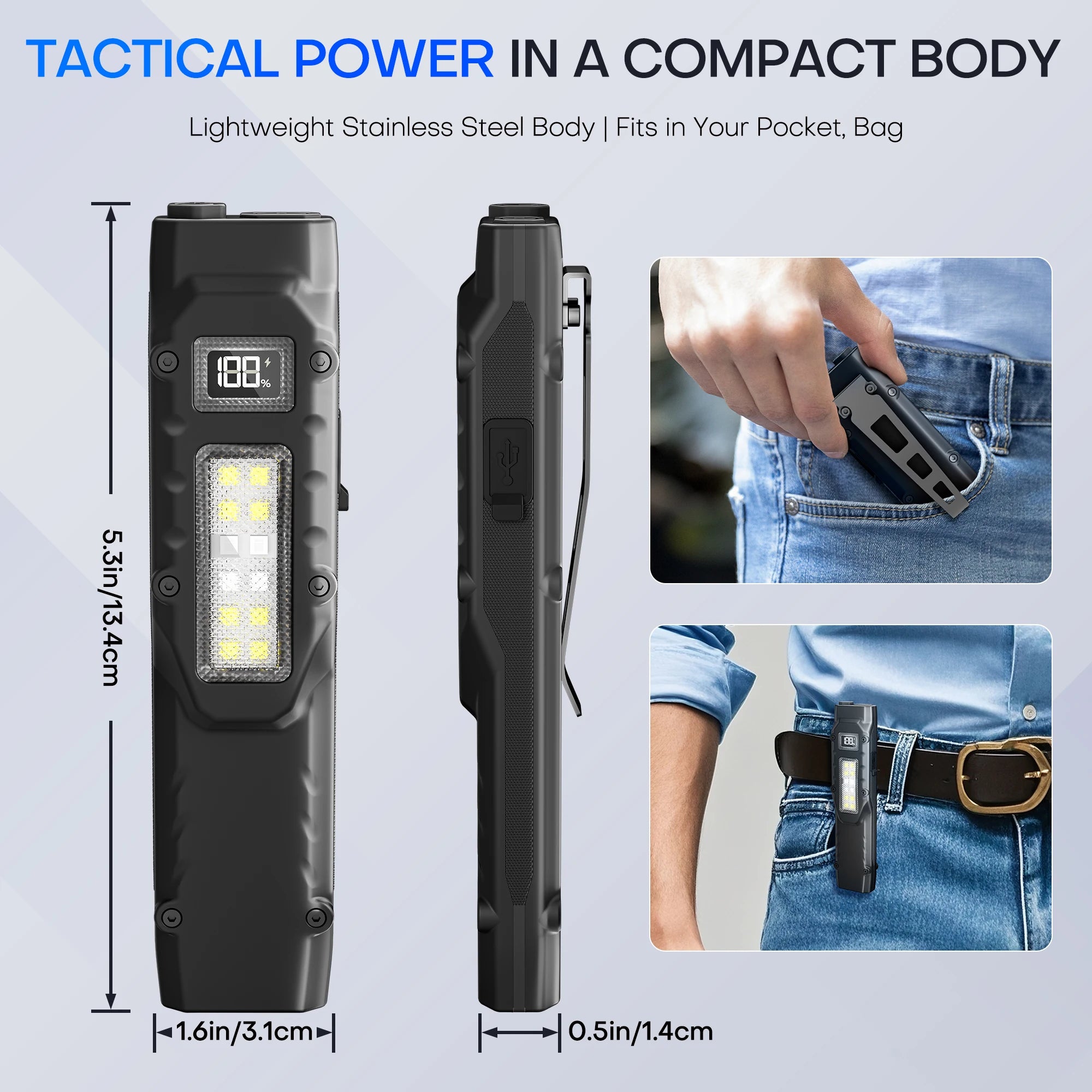 EDC Tactical Rechargeable Flashlight,Dual-Switches LED Flashlight with Digital Display,8 Modes , Camping,and Emergency Use