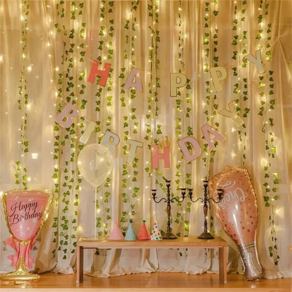 1PC 3M100LED Warm White Green Ivy Leaf LED String Light,USB-Powered Indoor Curtain Decor for Holiday,Wedding,and Party