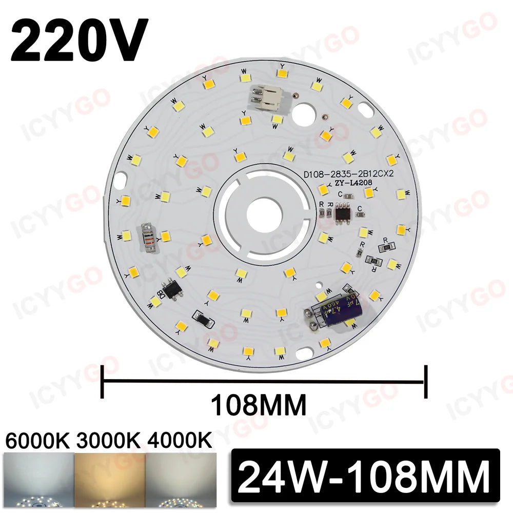 6W 8W 12W 24W 36W 48W LED Chip 220V Driver-Free Three-Color Aisle PCB Light Source Accessories Round LED Light Panel