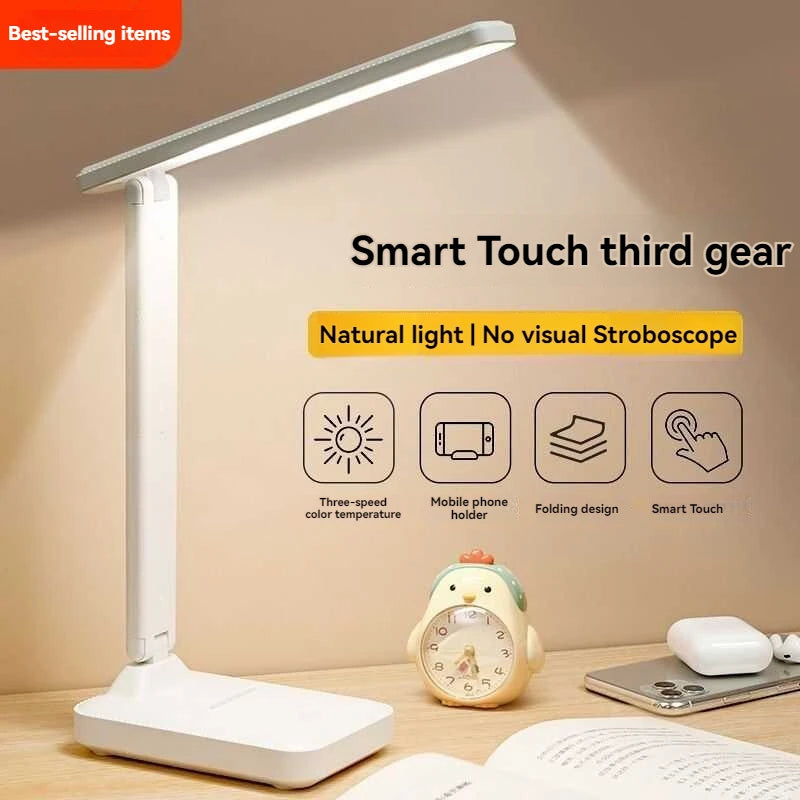 USB Powered Foldable LED Desk Lamp, 3-Level Dimmable Cool White, Fixed Angle Eye-Caring Light for Office Study Reading