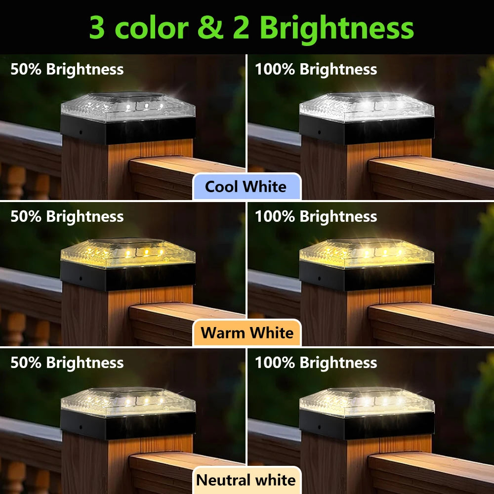 1/4PCS Solar Post Cap Lights Outdoor IP65 Waterproof 3 Color Modes Fence Topper Light For 4x4 Vinyl Wood Post Lighting