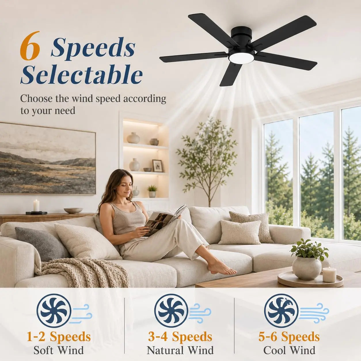 Low Profile Ceiling Fan With Light And Remote 52 Inch White Quiet LED Ceiling Fan Easy Install Composite Wood Blades Slim Modern Design For Bedrooms And Living Rooms