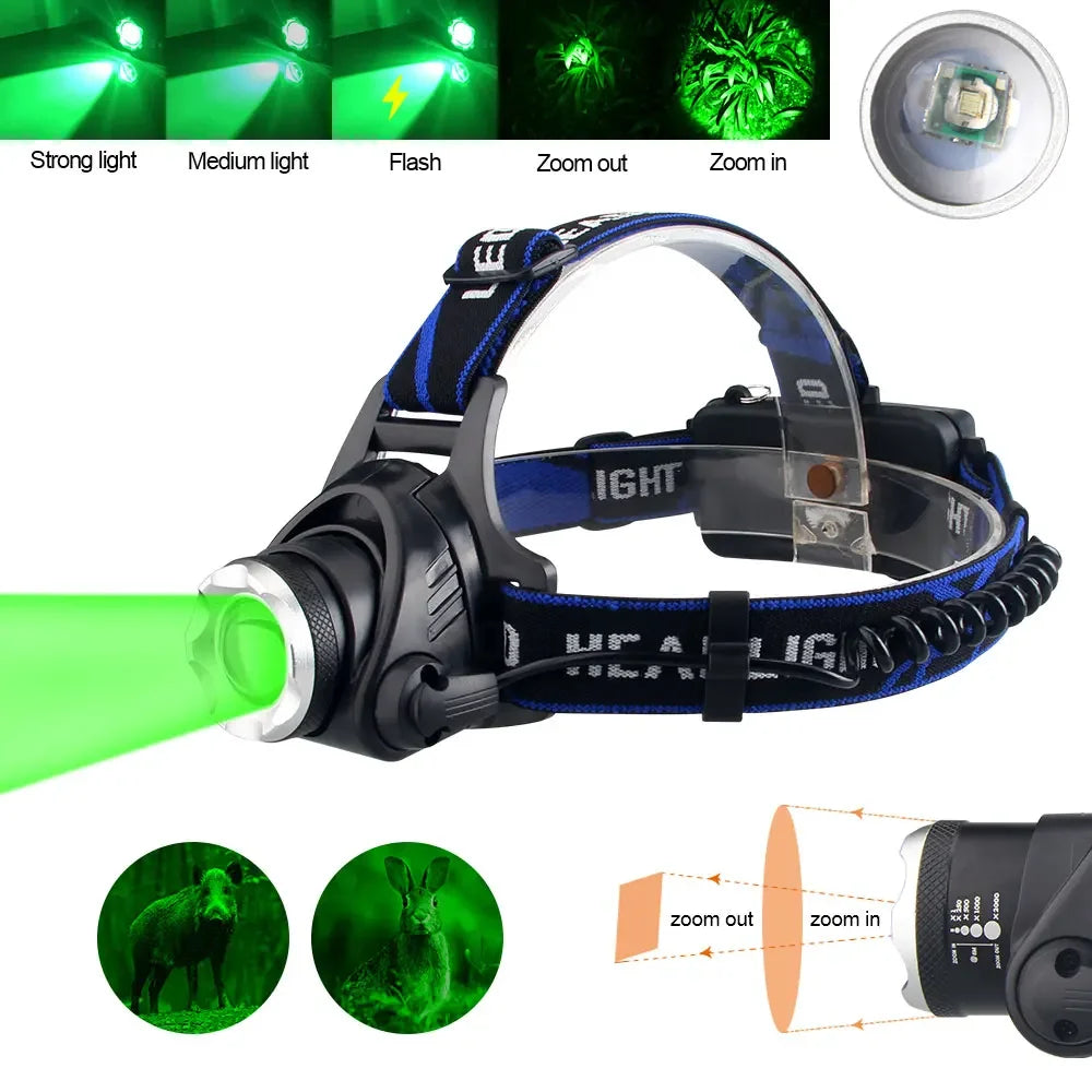 Headlamp Red Light Green Head LED Flashlight Outdoor XPG Headlight Tactical Camping Hunting Fishing Zoomable Fishing Headlamp