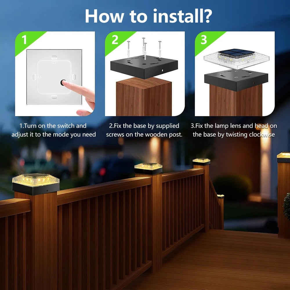 1/4PCS Solar Post Cap Lights Outdoor IP65 Waterproof 3 Color Modes Fence Topper Light For 4x4 Vinyl Wood Post Lighting