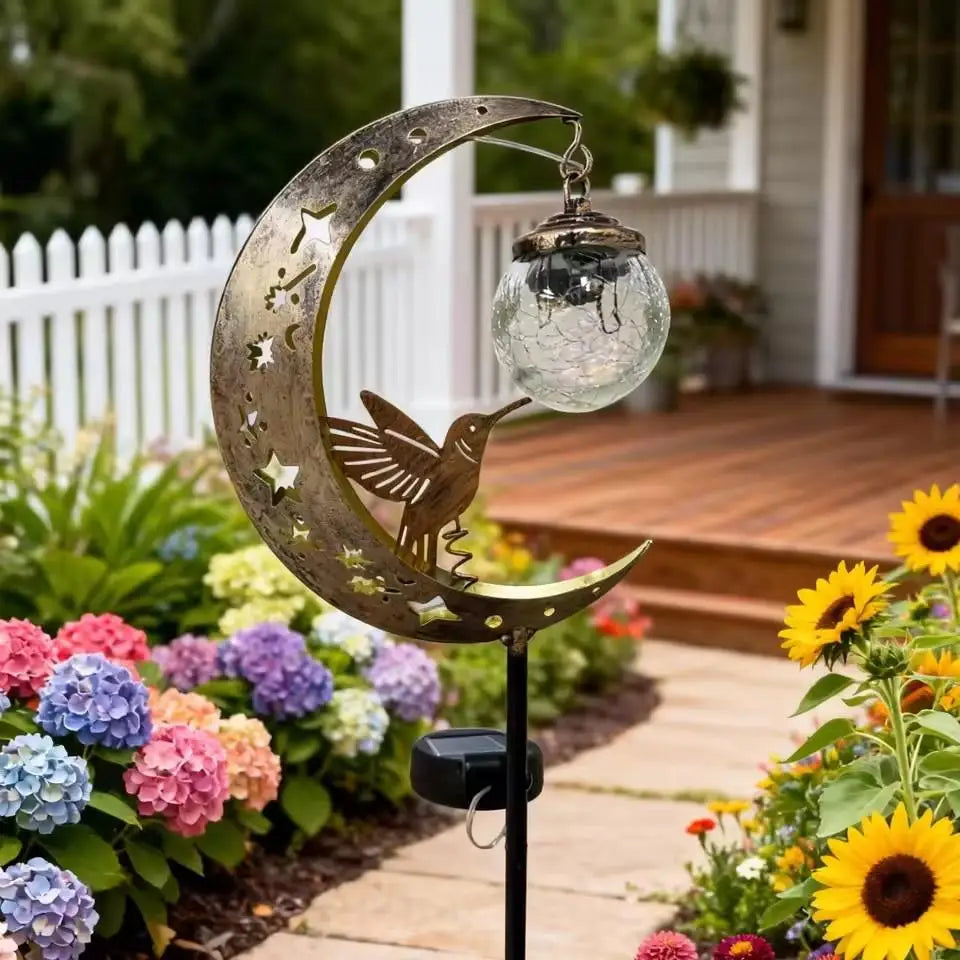 Solar Lawn Stake Light Crackle Glass Moon Hummingbird Silhouette Auto On Off Waterproof Solar Outdoor Yard Path Decor Lamp