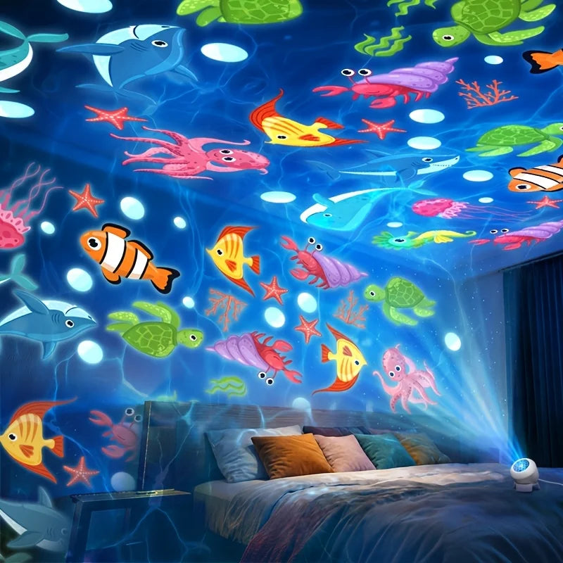 LED Night Light Starry Ocean Projection Light 360°Rotating Decorative Light Marine Life Theme Dynamic Ambient Lamp Room Decora