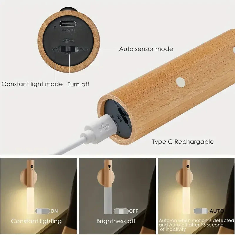 1/2PCS LED Night Light Motion Sensor Lamp ABS Wood Grain Wall Lights Rechargeable Magnetic for Bedroom Bedside Stairs Hallway