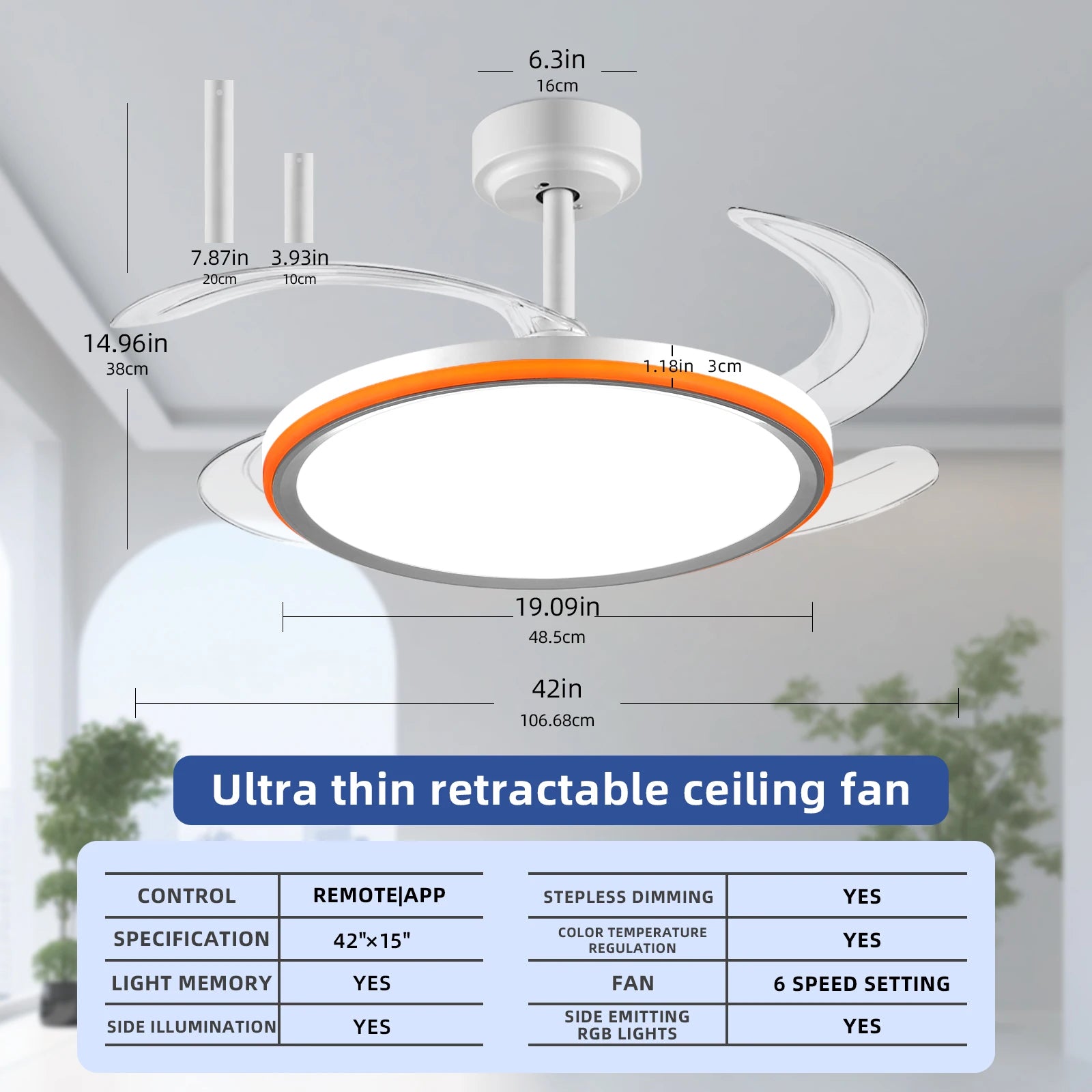 42-Inch Smart Retractable Ceiling Fan Light Breathtaking Lighting Effects, Full-Color RGB Dimming Strip with Memory Function, Bluetooth Speaker, and Convenient Control via App or Remote. Features a 6-Speed Reversible Fan for