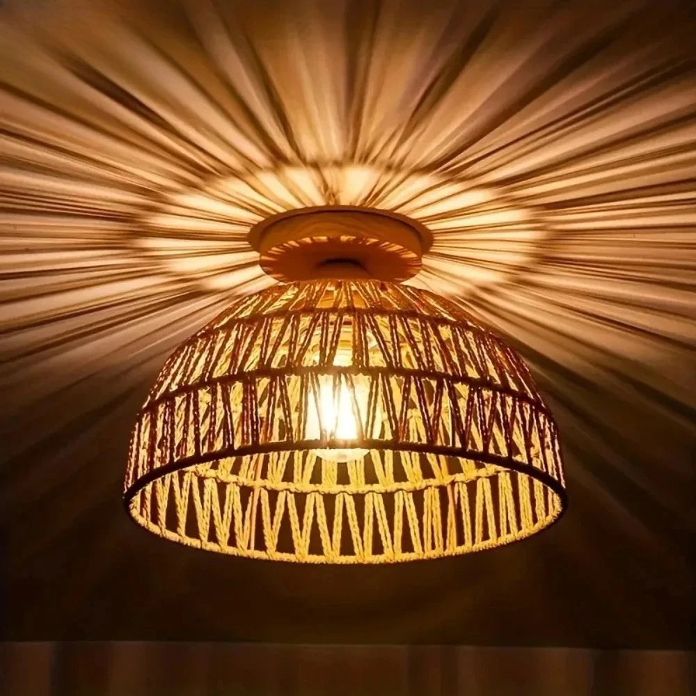E27 Wabi-sabi Natural Hand-woven Wicker Lampshade Ceiling Lamp for Restaurant Teahouse Living Room Retro Vintage Ceiling Lamps