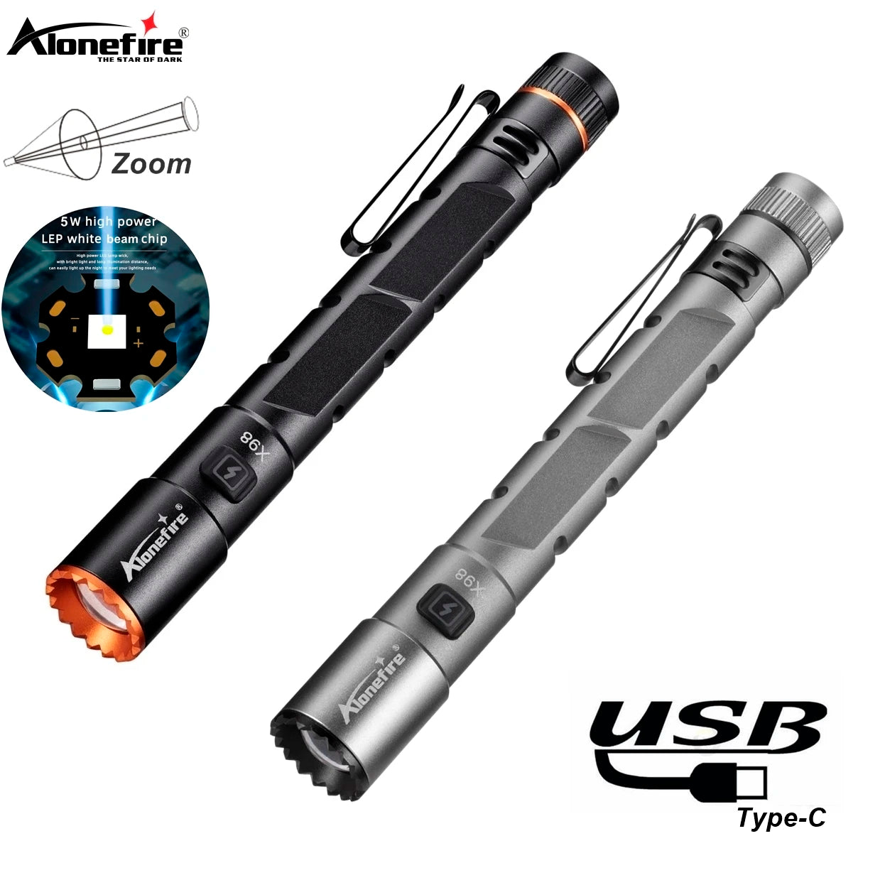 Alonefire Zoom Mini EDC Pen Light Flashlight USB Rechargeable Magnet Small Torch Outdoor Hiking Travel Camping Work Repair Lamp