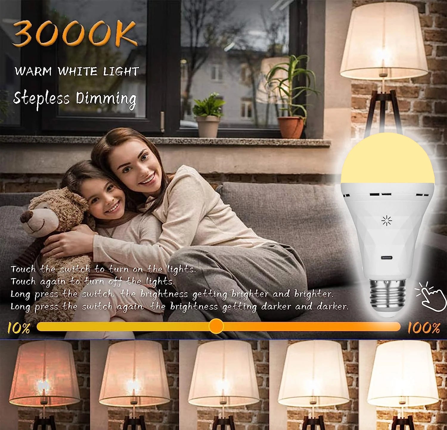 USB LED Bulb，E27 Rechargeable Light Bulbs，Emergency Lightbulbs Warm with Timer Dimmable for Wall Wireless Sconce，（2pake）