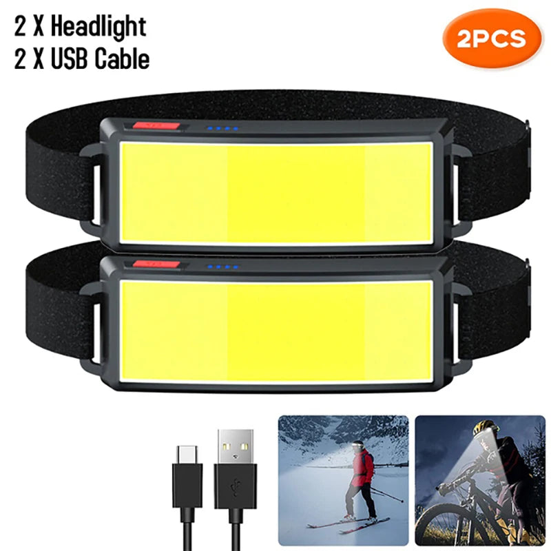 Powerful COB LED Headlamp Type-c Rechargeable Head Flashlight Built-in Battery Outdoor Fishing Camping Lantern Waterproof Torch