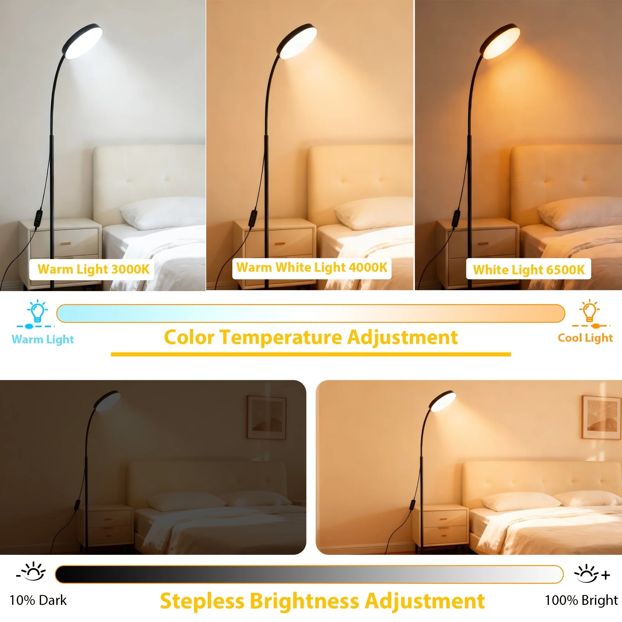 10W LED Floor Lamp, Ultra-Bright Dimmable LED Light, Flexible Adjustable Gooseneck Reading Light, Circular Ambient Light, 3-Color Adjustable, USB Powered, Suitable for Living Room, Bedroom, Office, Study