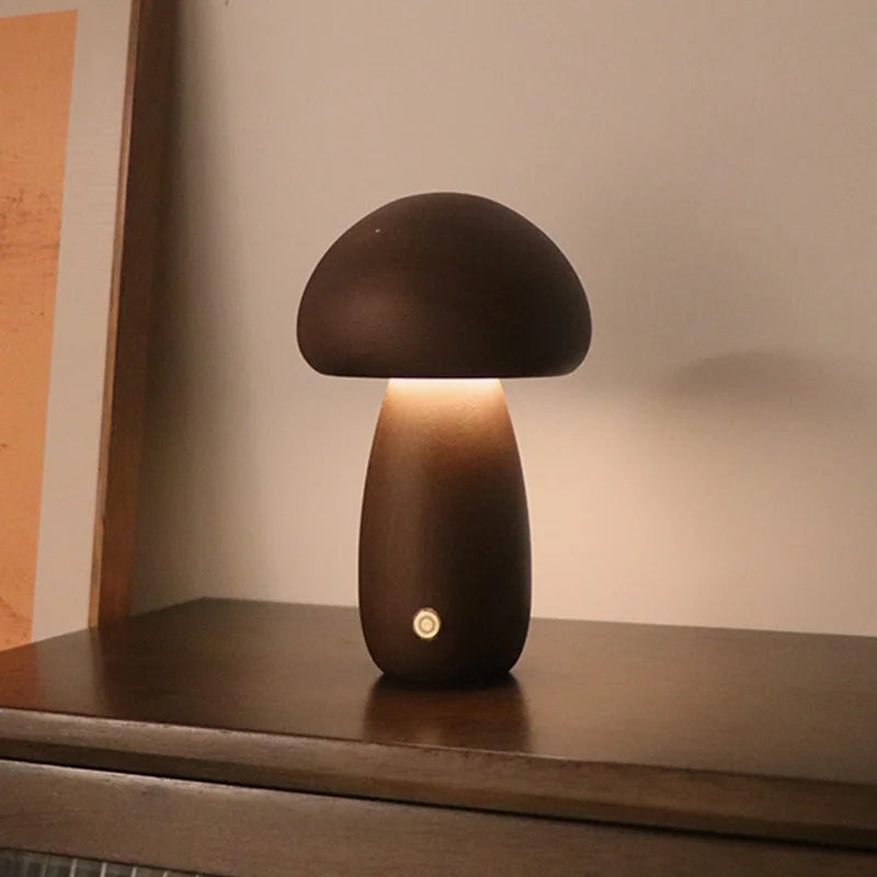 Mushroom LED Night Light Dimmable Wooden Bedroom Bedside Table Lamp with Touch Switch Room Decoration Lighting Chargeable