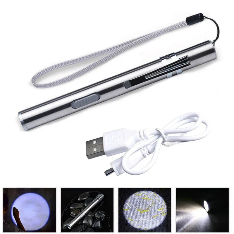 Mini Pen Shape USB Rechargeable Flashlight Stainless Steel Pocket Torch Outdoor Ear Nose Throat Inspection Light