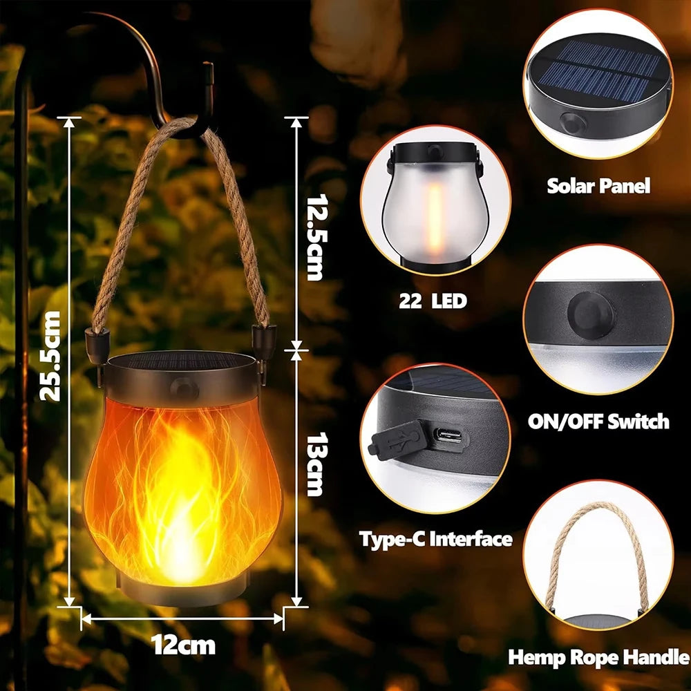 Simulated Flames Outdoor Solar Lamp IP65 Waterproof Type-C Charging Flickering Flame Hanging Solar Lamp for Garden Patio Decor