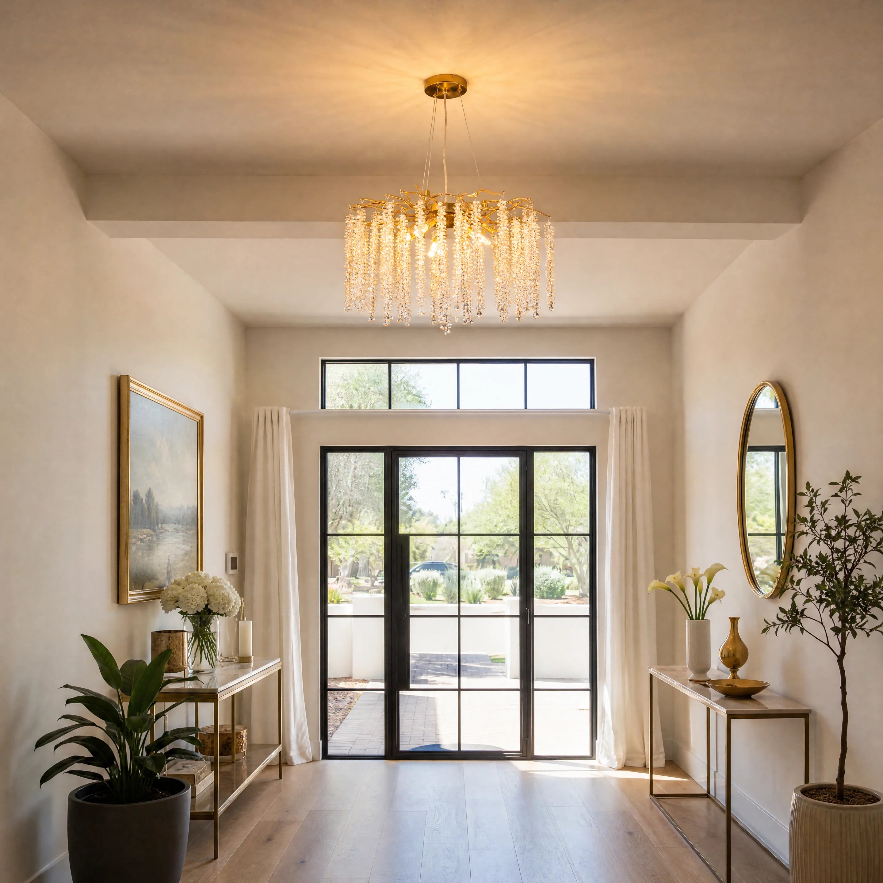 Modern Gold Crystal Chandelier, Tree Branch Adjustable Raindrop K9 Crystal Ceiling Light for Kitchen Island Dining Room Living Room Bedroom Hallway