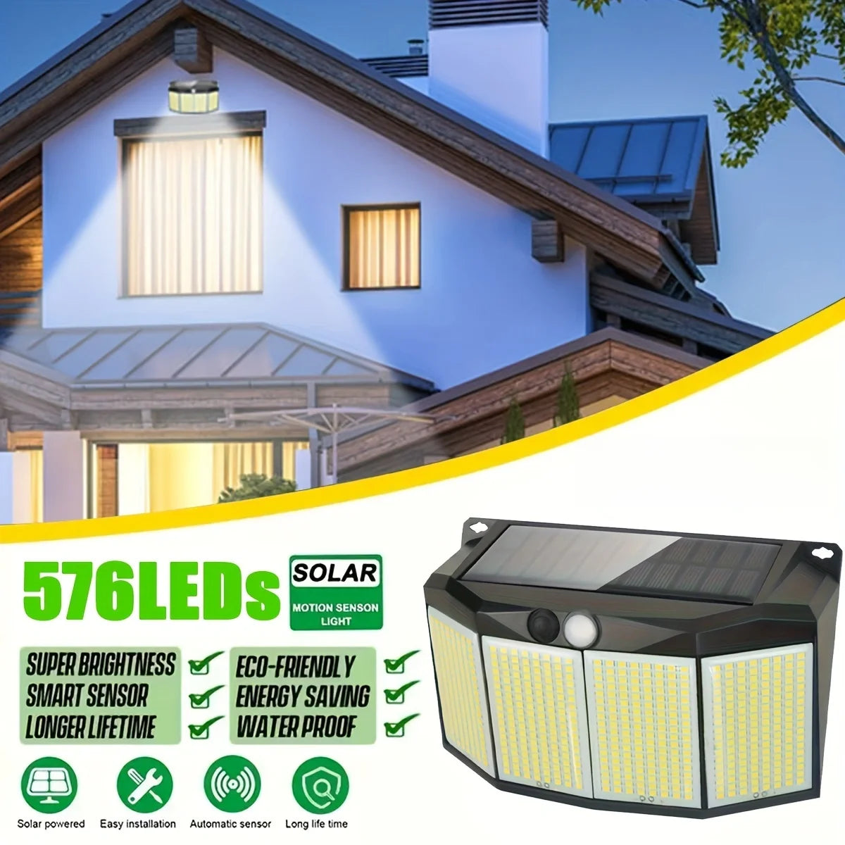 576 LED Outdoor Solar Power Lights Motion Sensor 3 Modes Waterproof Security Flood Lights for Outside Pathway Garden Garage Lamp