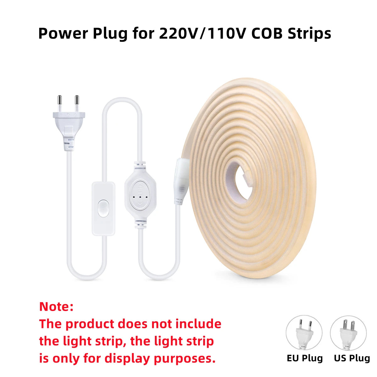 Power Plug with ON/OFF Switch For 220V 110V COB LED Strip Light,Free Soldering EU/US Power Plug Cable LED Light Accessory