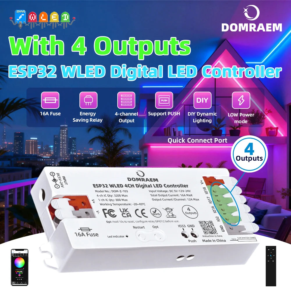 DOMRAEM ESP32 WLED Controller 4-Output 16A Fuse Level Shifter Low Power for WS2811/12B/05/SK6812 Addressable RGB Pixel Lights