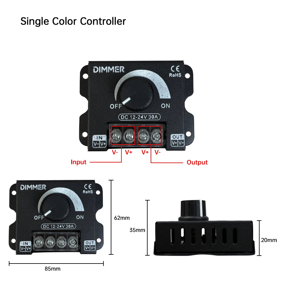 CCT LED Strip Dimmer Controller DC12V-24V 30A 360W - Knob Adjustable PWM Brightness with ON/OFF Switch for Monochrome Lights