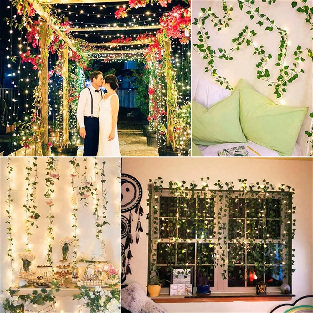 10M/5M/2M Green Leaf Fake Plants String Light Battery Powered Waterproof String Light For Wall House Room Office Birthday Decor